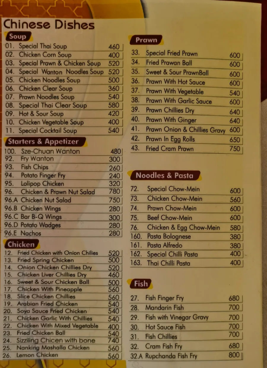 Nanking menu card: Chinese dishes — soup, starters, chicken, prawn, noodles and pasta, fish