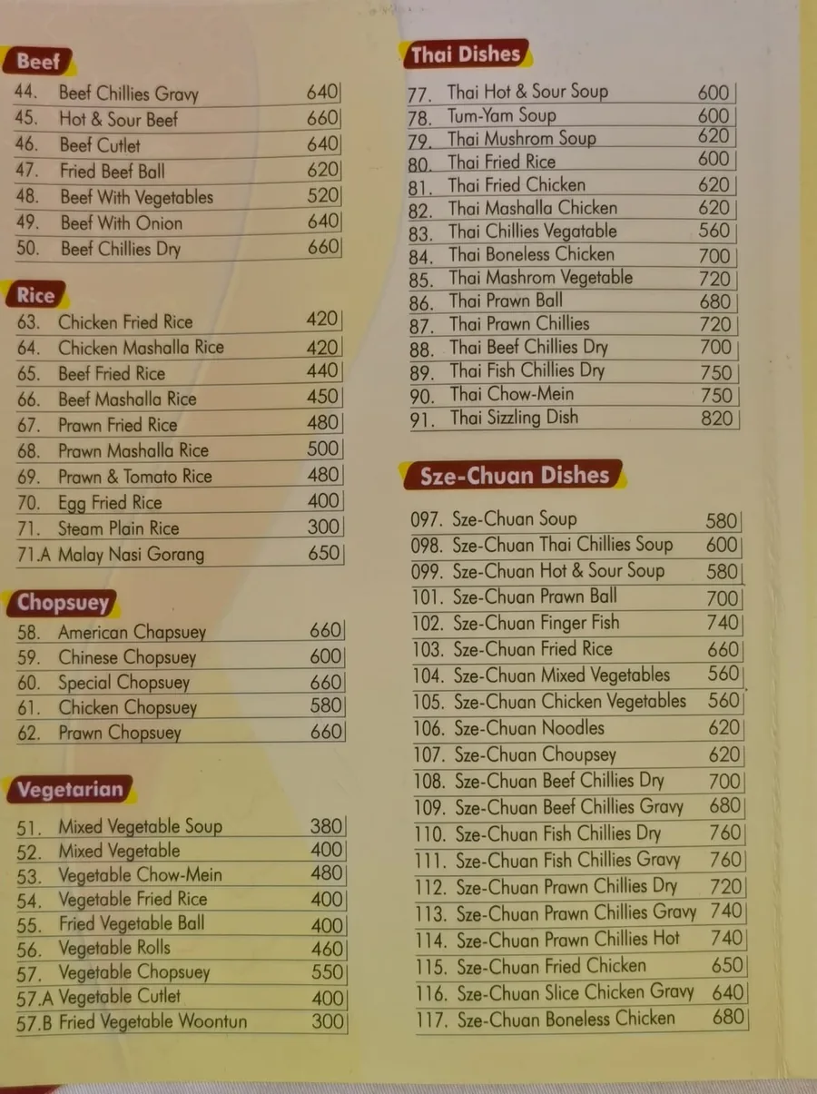 Nanking menu card: beef, rice, chopsuey, vegetarian, Thai and Sze-Chuan dishes